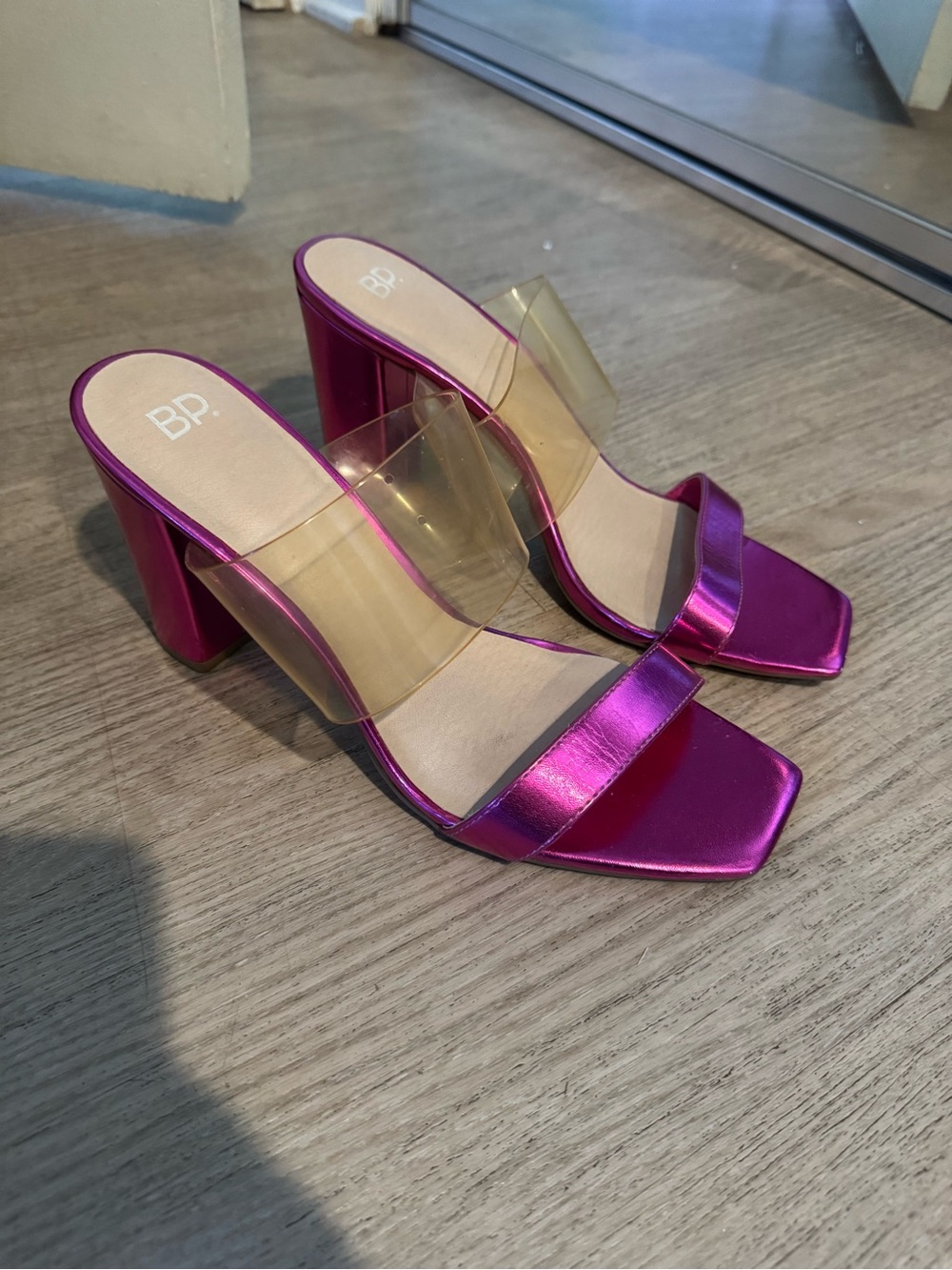 bp Metallic Magenta Block Heel Mules with Clear Strap sz 10